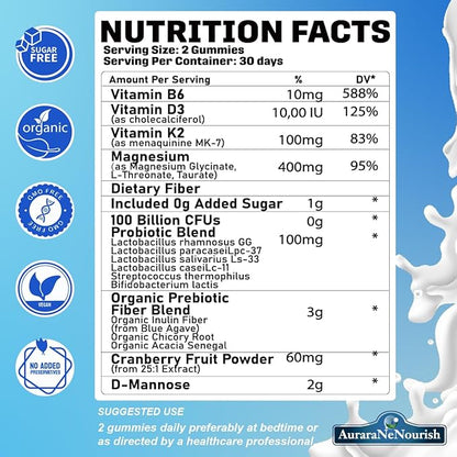 2 Packs Sugar Free Magnesium Gummies Plus Probiotic & Fiber, Magnesium Glycinate 400 mg丨L-Threonate丨Taurate, Chewable Calm Magnesium Gummies w. VIT D3 K2 B6 for Sleep* Brain, Digestion, Gut Health