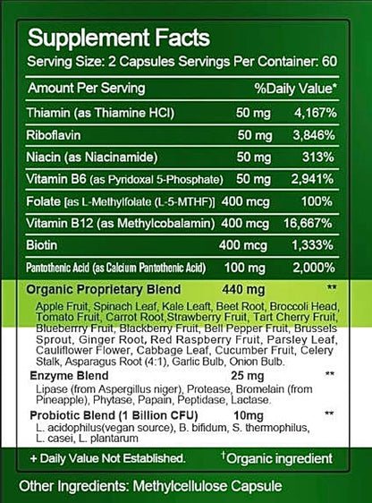 Vitamin B-Complex - Natural Whole Food Supplement, 100% Vegan Sourced + Metabolism, Immune & Digestive Support! 120 Capsules 60 Day Supply