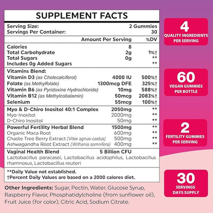 Fertility Supplements for Women, Prenatal Vitamins with Myo-Inositol & D-Chiro Inositol, Folate, Herbs, for Hormonal Balance, Fertility & Vaginal Care, 60 Prenatal Gummies (Raspberry)