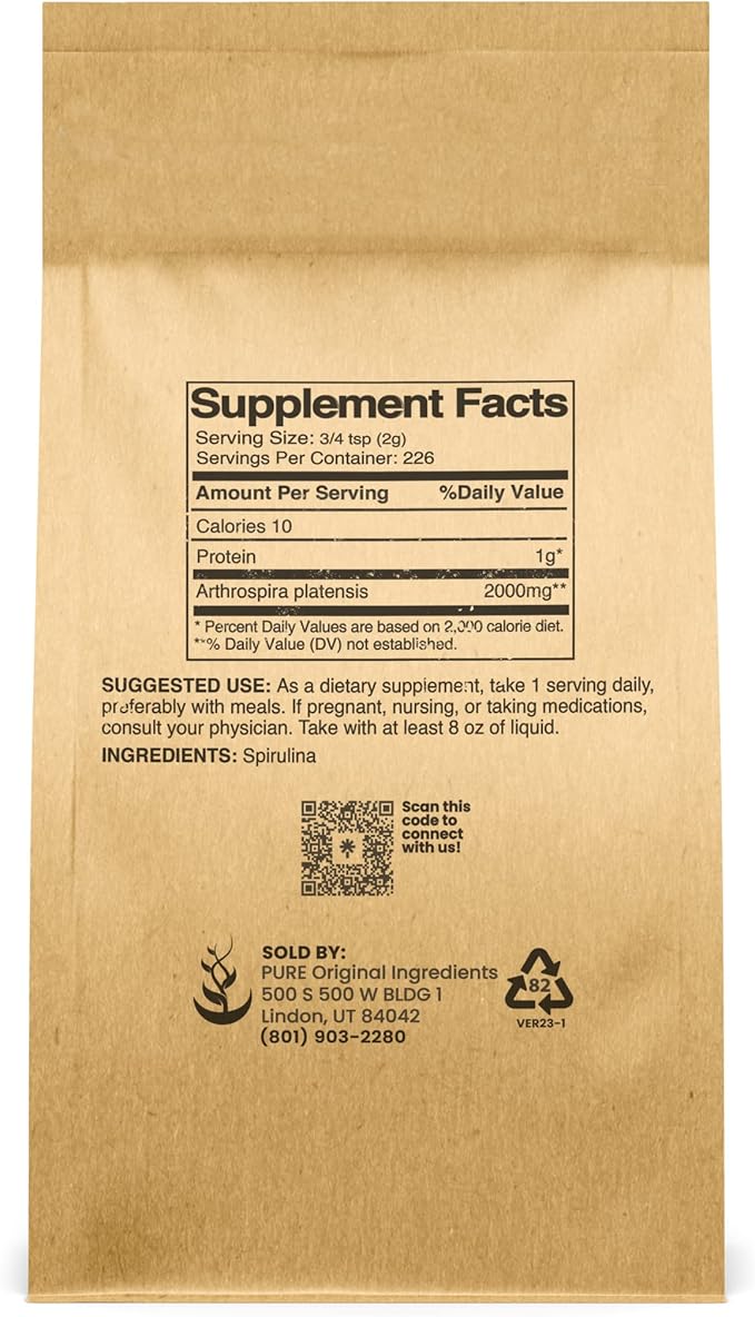 PURE ORIGINAL INGREDIENTS Spirulina Powder (1 lb) Green Algae Superfood with Phycocyanin