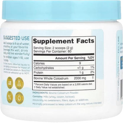 Colostrum Supplement Powder for Gut Health, Immune Support, Muscle Recovery & Wellness | Natural IgG Pure Whole Bovine Colostrum Superfood, Unflavored, 60 Servings