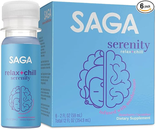 SAGA Organic Relaxation Shots | Contains Adaptogens & Mushrooms - Lion's Mane & Kava | High Bioavailability & Fast Onset | Elevate Mood & Reduce Fatigue | Strawberry Cucumber 2oz Shots (6-Pack)