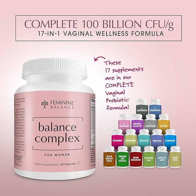 Balance Complex 17-in-1 Vaginal Health 100 Billion Probiotics for Women pH Balance with Cranberry & D-Mannose | Promote Urinary Tract Health for Vaginal Odor & Vaginal Flora, 60 Capsules
