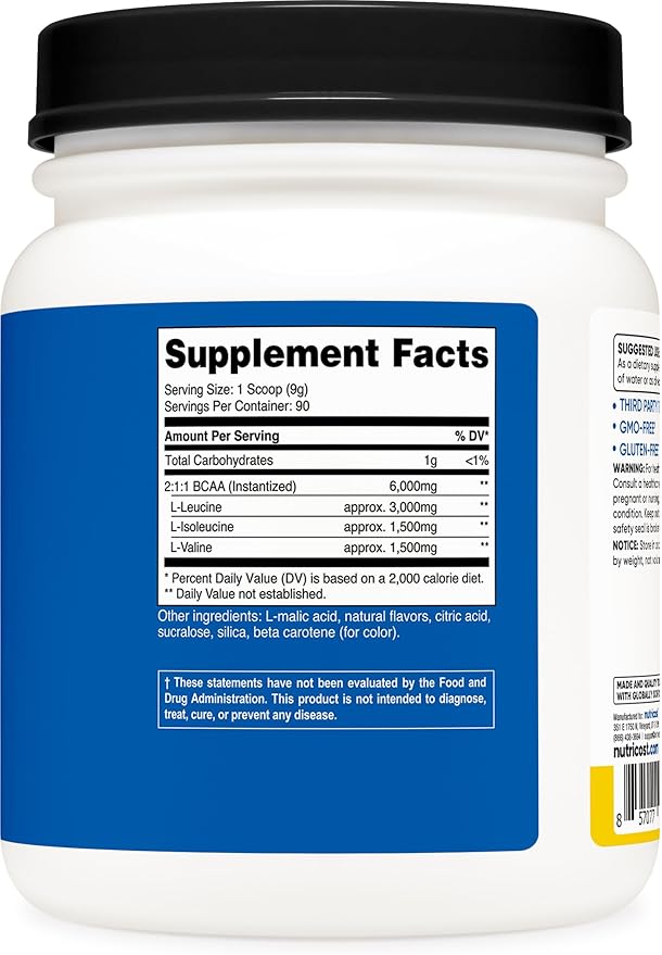 Nutricost BCAA Powder (Pineapple, 90 Servings) - Optimal 2:1:1 Ratio