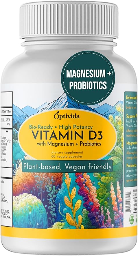 OPTIVIDA Bioavaiable Vegan Vitamin D3 4000 IU with Magnesium, Probiotics & Digestive Enzymes. Organic Vitamin D Supplement for Women & Men to Support Bone Health, Gut Health & Immune Support -60 Count