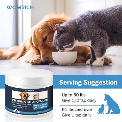 Vitamin B12 Powder Appetite Stimulant for Cats&Dogs Methylcobalamin Supplement with Folate and Intrinsic Factor, Treatment of EPI in Pets, Supports Energy, Red Blood Cell Formation, Nervous System 60g