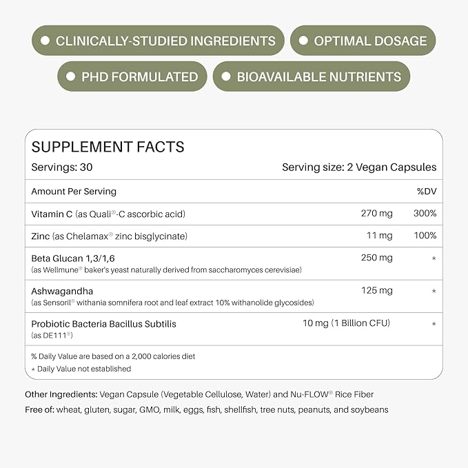 Defend Immune Support Supplement – Gut & Cortisol Balance – Spore Probiotic & Beta Glucan – DE111® Probiotic, Wellmune®, Ashwagandha & Antioxidants – Bloating, Digestion & Stress Relief – 60 Capsules