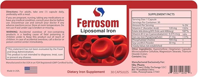 Liposomal Iron Supplements by Siba Pharm | Ferrosom Dietry Iron Vitamins Supplement | Rich in Vitamin C, B12, Folic Acid| Non GMO, Vegan, Premium Quality| Helps New Blood Cell Production | 30 Capsules