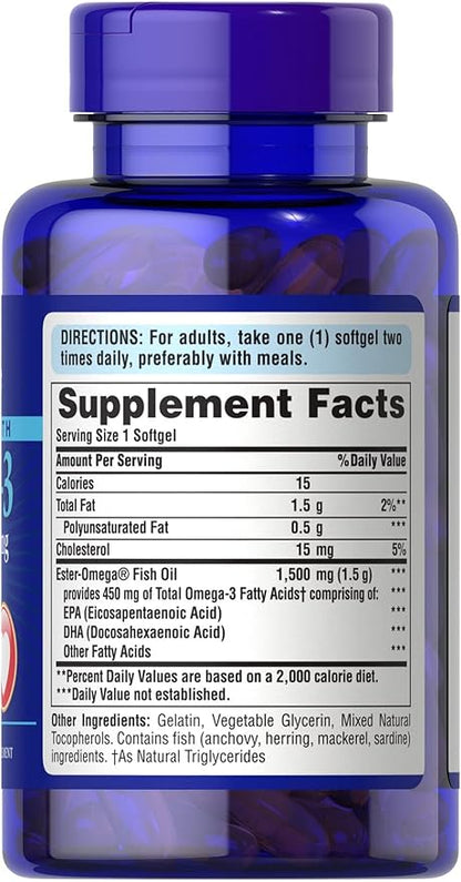 Puritans Pride Extra Strength Omega-3 Fish Oil 1500 Mg 450 Mg Active Omega-3 Softgels, 60 Count
