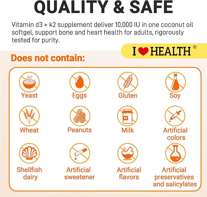 I LOVE HEALTH® Triple Strength Vitamin D3 10,000 IU with K2 (MK-7) Supplement - 90 Softgels - Non-GMO - Gluten-Free - Support Heart & Immune, Bone & Teeth Health - Enhanced Absorption - Made in USA