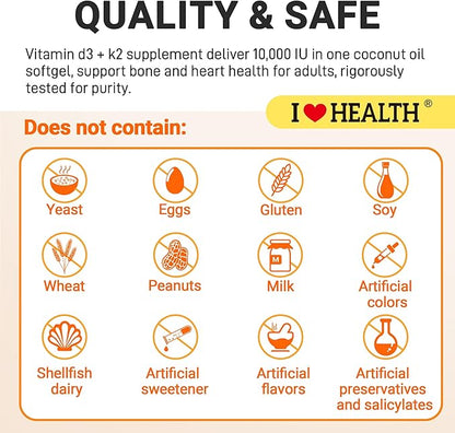 I LOVE HEALTH® Triple Strength Vitamin D3 10,000 IU with K2 (MK-7) Supplement - 90 Softgels - Non-GMO - Gluten-Free - Support Heart & Immune, Bone & Teeth Health - Enhanced Absorption - Made in USA