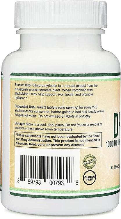 DHM1000 Dihydromyricetin (DHM) Tablets - Most Powerful DHM Supplement on The Market - 1,000mg (30 Count) Enhanced with Electrolytes for Hydration and Liver Support by Double Wood