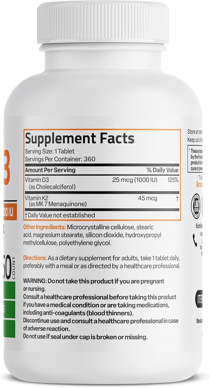 Bronson Vitamin K2 (MK7) with D3 Lower Dose 45mcg Vitamin K2 & 1000 IU Vitamin D3 Easy to Swallow Daily Maintenance 2 in 1 Formula Non-GMO, 360 Mini Tablets