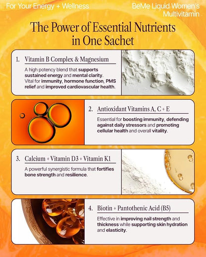 BeMe Liquid Multivitamin for Women - 2X Faster Absorption & High Bioavailability - Vitamin C+E, D, K, Calcium, Zinc, Magnesium - Clinically Tested Womens Multivitamin, Non-GMO, Soy, Dairy Free