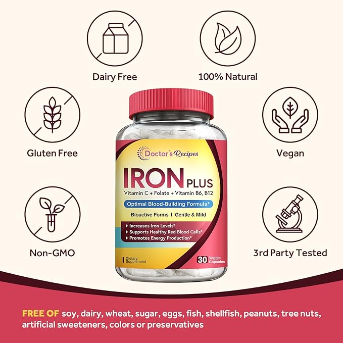 Doctor's Recipes Iron Supplement for Women Men - Gentle Iron Bisglycinate with Vitamin C, B6, Folate & B12 - Non-Constipating & Stomach Friendly Iron Pills for Blood & Energy Support, 30 Vegan Caps