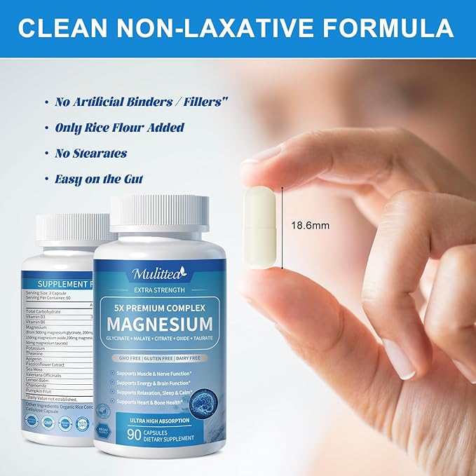 Magnesium Complex Chelated Magnesium Glycinate w/Malate, Taurate& Herbal Extracts for Support Sleep, Muscle,Cortisol & Heart Health, Gluten Free, Vegan, Non GMO, High Absorption, 90 Capsules