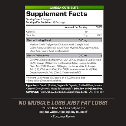 PMD Sports Omega Cuts Elite -Fat Loss-Muscle Defining Formula - Omega Fatty Acids, MCT's and CLA for Muscle Definition and Maintenance - Keto Friendly For Women and Men - Stimulant Free (180 Softgels)