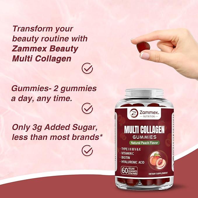 Zammex Multi Collagen Peptides Gummies (Type 1, 2, 3, 5 & 10), 30 Servings, Anti-Aging Collagen Gummy Supplements for Women&Men with Biotin Vitamin C, Hyaluronic Acid, Peach Flavor