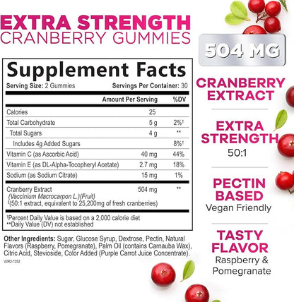 Cranberry Supplement Gummies + Vitamin C - Made with 25,000mg 50:1 Cranberry Extract to Help Cleanse and Protect The Urinary Tract, Nature's Chewable Cranberry Pills for Women, Non-GMO - 60 Gummies