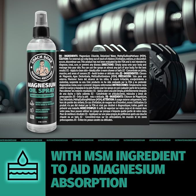 Coach Soak Magnesium Body Spray with MSM, Unscented, Extra Strength Magnesium Chloride, Pure Topical Magnesium Oil Spray for Feet & Body, Made in USA