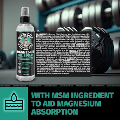 Coach Soak Magnesium Body Spray with MSM, Unscented, Extra Strength Magnesium Chloride, Pure Topical Magnesium Oil Spray for Feet & Body, Made in USA