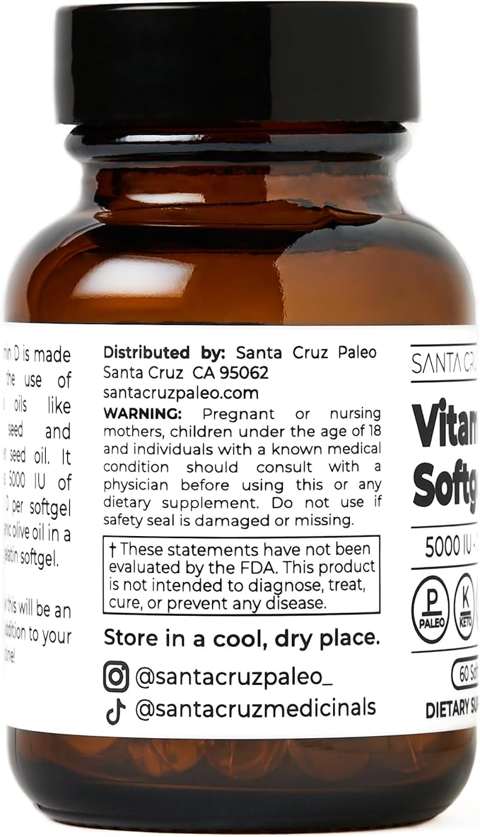 Santa Cruz Paleo Vitamin D Supplement, Bone Health & Immune Support, 5000 i.u. Per Softgel, Gluten Free, Keto, Sugar Free, Paleo, Vitamin D3, Olive Oil for Absorption, Natural Ingredients, 60 Softgels