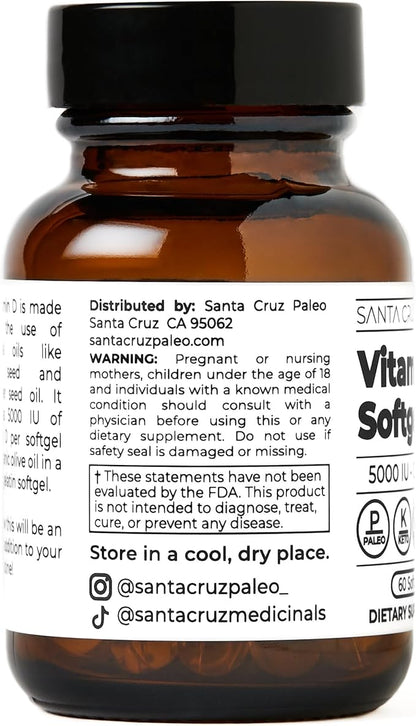 Santa Cruz Paleo Vitamin D Supplement, Bone Health & Immune Support, 5000 i.u. Per Softgel, Gluten Free, Keto, Sugar Free, Paleo, Vitamin D3, Olive Oil for Absorption, Natural Ingredients, 60 Softgels