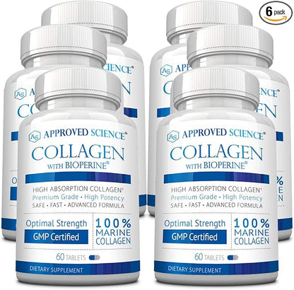 Approved Science Collagen Pills - Absorbable Marine Collagen Types I and III - 360 Tablets - Healthy Hair and Skin - Vitamin C, Sodium, and Bioperine for Fast Results - Non-GMO, Made in USA