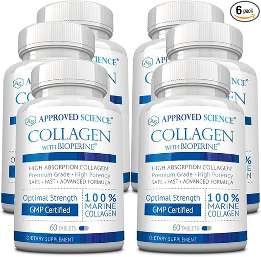 Approved Science Collagen Pills - Absorbable Marine Collagen Types I and III - 360 Tablets - Healthy Hair and Skin - Vitamin C, Sodium, and Bioperine for Fast Results - Non-GMO, Made in USA