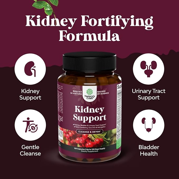 Kidney Support Supplement - High Strength Kidney Cleanse, Detox & Repair Cranberry Extract Capsules with Uva Ursi, Stinging Nettle & Chanca Piedra - Urinary Tract Health & Bladder Cleanse - 120 Caps