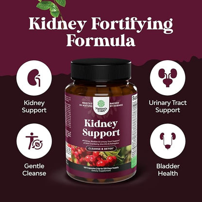 Kidney Support Supplement - High Strength Kidney Cleanse, Detox & Repair Cranberry Extract Capsules with Uva Ursi, Stinging Nettle & Chanca Piedra - Urinary Tract Health & Bladder Cleanse - 120 Caps