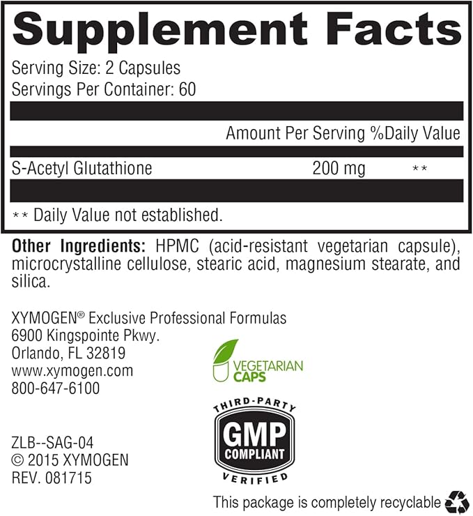 XYMOGEN S Acetyl Glutathione - Superior Absorption Acetylated Glutathione Supplement with Stomach Acid-Resistant Capsules - Healthy Aging, Cellular, Antioxidant + Immune Support (120 Capsules)