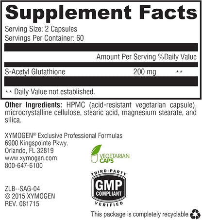 XYMOGEN S Acetyl Glutathione - Superior Absorption Acetylated Glutathione Supplement with Stomach Acid-Resistant Capsules - Healthy Aging, Cellular, Antioxidant + Immune Support (120 Capsules)