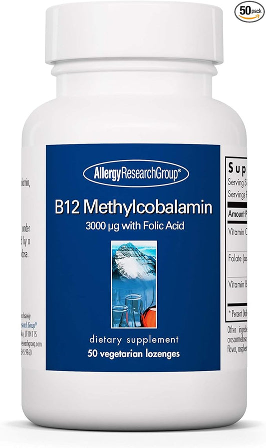 Allergy Research Group B12 Methylcobalamin Supplement - Vitamin B12 and Folate, with 400mcg Folic Acid, Pure, Vegetarian Lozenges - 50 Count