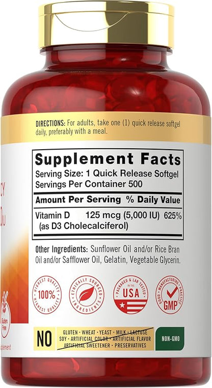 Carlyle Vitamin D3 5000 IU Softgels | 500 Count | Value Size | Non-GMO and Gluten Free Supplement | High Potency Formula | 125mcg