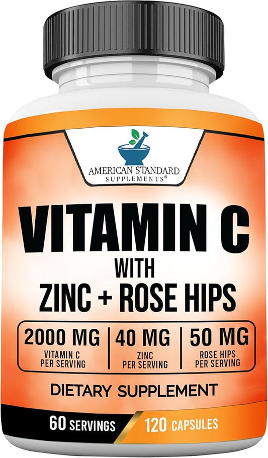 American Standard Supplements Vitamin C 2000mg, Zinc 40mg, and Rose HIPS 50mg Per Serving – Vegan, Gluten Free, Non-GMO (60 Count)