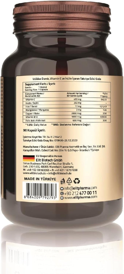 Validus Premium Iron 17 mg - 450 mg Vitamin C - Vitamin B12 1000 mcg - Red Blood Cell Support - Energy Production - Highly Bioavailable Iron Pill - Gluten Free & Vegan - 90 Capsules