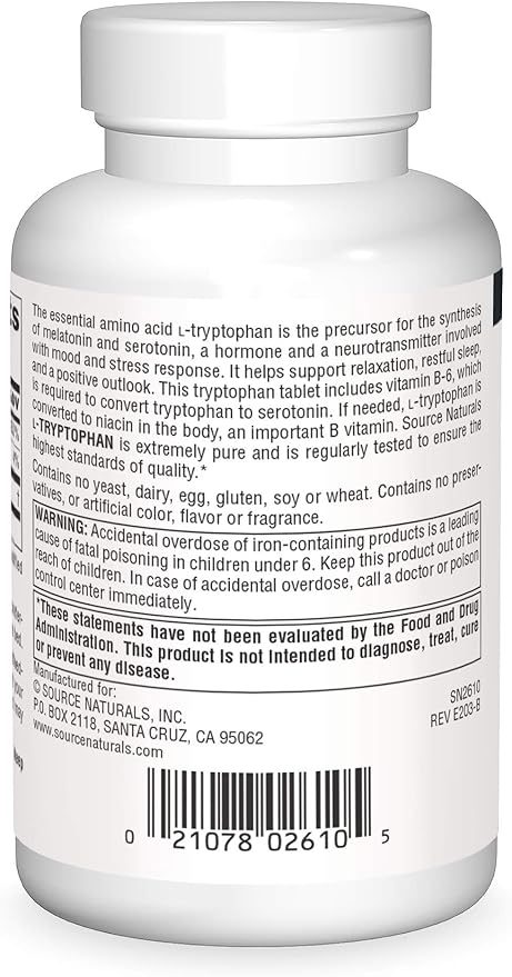 Source Naturals L-Tryptophan with Vitamin B-6 1000 mg Support Mood, Relaxation And Sleep - 90 Tablets