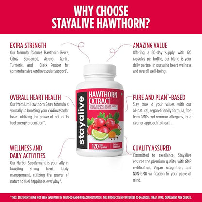 STAY ALIVE Extra Strength Hawthorn Berry Capsules, 20:1 Extract, 6-in-1 Antioxidant w/Citrus Bergamot, Turmeric Root Powder, Garlic, Arjuna & Black Pepper, 120 Vegan Pills, Hawthorne Berry Supplement