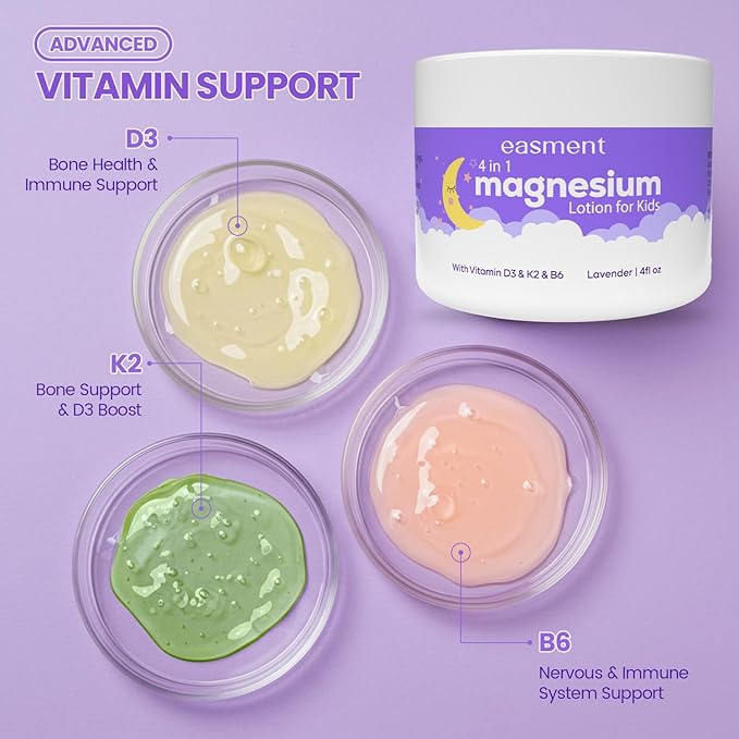 Magnesium Lotion for Kids Sleep: Gentle Lavender Formula with Vitamins D3, K2 & B6 – Nourishing Cream for Sensitive Skin, Safe for Babies & Perfect for Daily Use