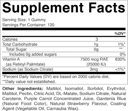 Vitamatic Sugar Free Vitamin A 25000 IU Gummies (Retinyl Palmitate) - Natural Strawberry Flavor - 120 Pectin Based Gummies (1 Bottle)