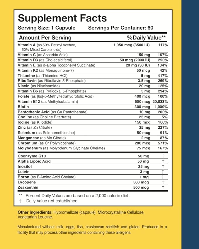 Researched Nutritionals Physician's Daily + D3 Supplement - Daily Multivitamin for Men and Women with Vitamin D3 2000iu, Vitamin B12, Vitamin B6 + Methylated Folate (60 Capsules)