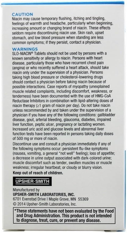 Slo-Niacin Vitamin B3 500 Mg - Slow Release Niacin for Heart Health, Energy Boost, Health Skin, Healthy Blood Sugar Levels - 100 Capsules