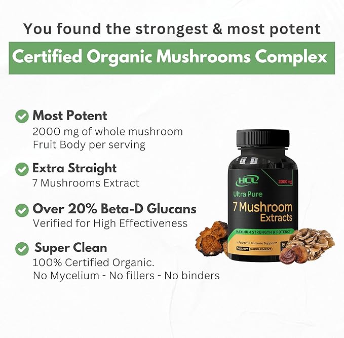 Organic Mushroom Supplement Extracts of Lions Mane Cordyceps Chaga Reishi Turkey Tail Maitake Shiitake Capsules - Natural Vitamins Minerals Antioxidants Supplement - Made in The USA