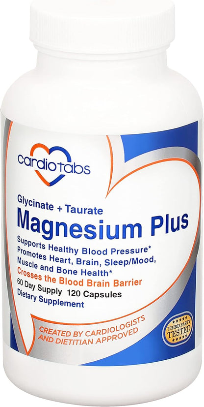 Magnesium Plus – 200 mg of Magnesium Glycinate and Magnesium Taurate for Blood Pressure, Heart, Brain, Sleep & Mood Support – Highly Concentrated and Well Absorbed - 120 Capsules
