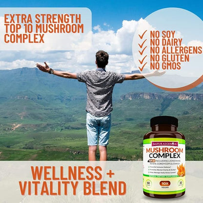 Natural Genius Top 10 Mushroom Extracts - White Button, Lions Mane, Cordyceps, Chaga, Reishi Plus - Immune Booster, Nootropic