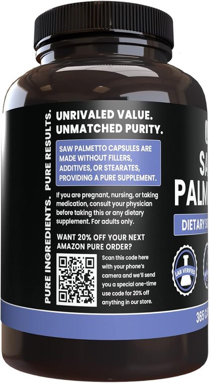PURE ORIGINAL INGREDIENTS Saw Palmetto (365 Capsules) No Magnesium Or Rice Fillers, Always Pure, Lab Verified
