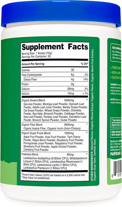 Nutricost Organic Super Greens Powder (30 Servings) - Superfood Supplement Drink Mix (30 Servings, No Flavor Added)