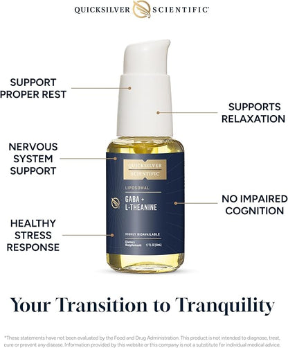Quicksilver Scientific Liposomal GABA + L Theanine - Calm, Stress Response & Brain Support - Bioavailable GABA Supplement with L Theanine 100mg (1.7oz/50ml)