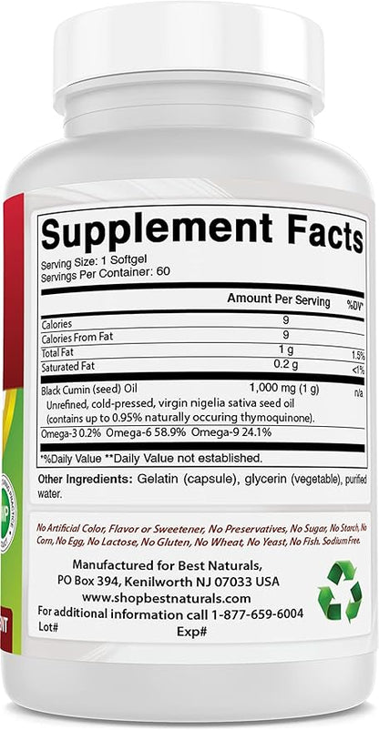 Best Naturals 2 Packs Black Seed Oil Capsules 1000 mg (Non-GMO) Nigella Sativa - 100% Cold Pressed Black Cumin Seed Oil Pills Contains Thymoquinonoe 60 Count (Total 120 Softgels)